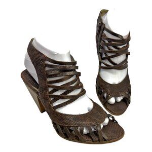 IXOS Brown Snakeskin Leather Strappy Cone Heel Sandals